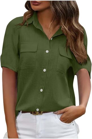 Utility Button Down Shirts for Women Short Sleeve Collared Blouses Casual Work Office Tops with Pockets in Kuwait