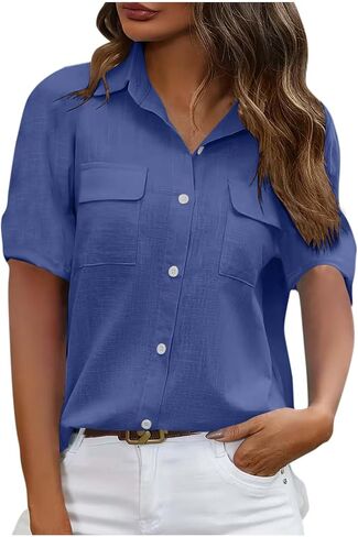 Utility Button Down Shirts for Women Short Sleeve Collared Blouses Casual Work Office Tops with Pockets in Kuwait