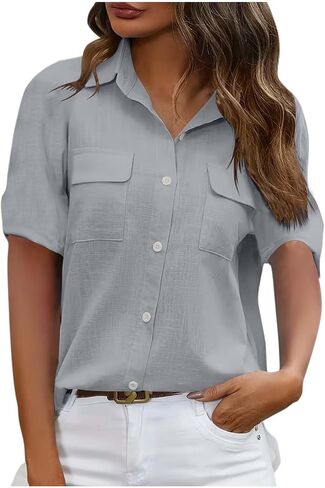 Utility Button Down Shirts for Women Short Sleeve Collared Blouses Casual Work Office Tops with Pockets in Kuwait