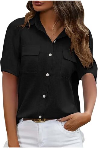 Utility Button Down Shirts for Women Short Sleeve Collared Blouses Casual Work Office Tops with Pockets in Kuwait