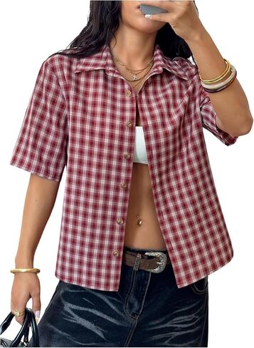 WDIRARA Y2k Plaid Print Collared Button Shirt Vintage Gingham Short Sleeve Crop Blouses Preppy Clothes in Kuwait