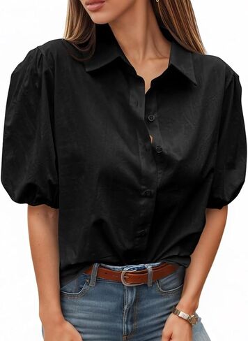 Womens Short Puffy Sleeve Button Down Shirts Casual Collared Blouses Balloon Sleeve Summer Tops in Saudi Arabia