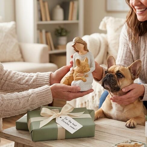 French Bulldog Gifts for Women, Hand-Painted Resin Woman with Frenchie Figurine, Frenchie Mom Gifts, Dog Memorial Gifts for Loss of Dog, French Bulldog Decor and Collectible Statue, 6 Inch (Fawn) in Kuwait