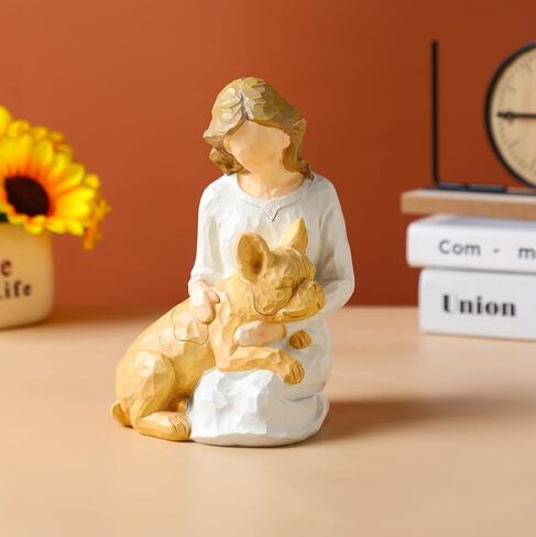 French Bulldog Gifts for Women, Hand-Painted Resin Woman with Frenchie Figurine, Frenchie Mom Gifts, Dog Memorial Gifts for Loss of Dog, French Bulldog Decor and Collectible Statue, 6 Inch (Fawn) in Kuwait