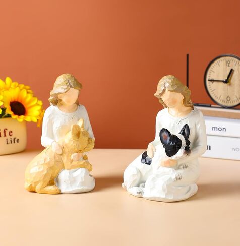 French Bulldog Gifts for Women, Hand-Painted Resin Woman with Frenchie Figurine, Frenchie Mom Gifts, Dog Memorial Gifts for Loss of Dog, French Bulldog Decor and Collectible Statue, 6 Inch (Fawn) in Kuwait