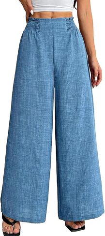 Women's Linen Palazzo Pants Elastic High Waisted Flowy Palazzo Wide Leg Dress Pants Comfortable Lounge Trousers​ in Saudi Arabia