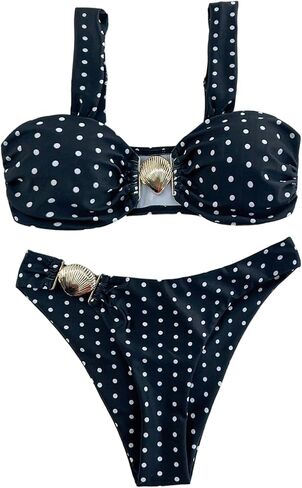 GORGLITTER Women's High Cut Bikini Sets 2 Piece Polka Dots Metal Shell Swimsuits Beachwear in Kuwait