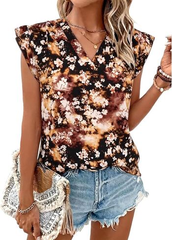 IEEILULU Flutter Sleeve Tops for Women Casual V Neck Floral Print Blouse Summer Sleeveless Ruffle Tunic Shirts in Saudi Arabia