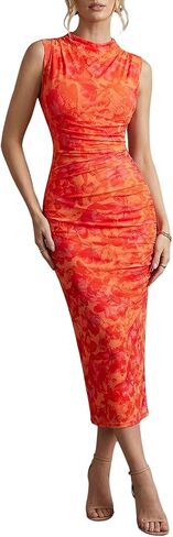 فستان Milumia النسائي Bodycon Ruched الأزهار بدون أكمام متوسط ​​الطول بفتحة الفخذ الشبكية فساتين العطلات الصيفية in Kuwait