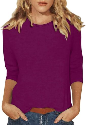 Womens Tops 3/4 Sleeve Shirts Round Neck Loose Casual Blouses Tshirts in Saudi Arabia
