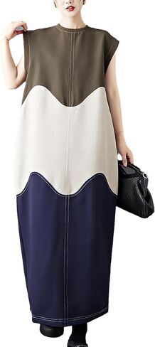 ellazhu Women's Dress Patchwork Color Blocking Sleeveless Crewneck Multicolor Split Hem Plus Size Fashion Casual GZ590 A in Kuwait