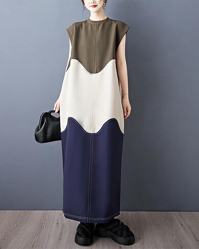 ellazhu Women's Dress Patchwork Color Blocking Sleeveless Crewneck Multicolor Split Hem Plus Size Fashion Casual GZ590 A in Kuwait
