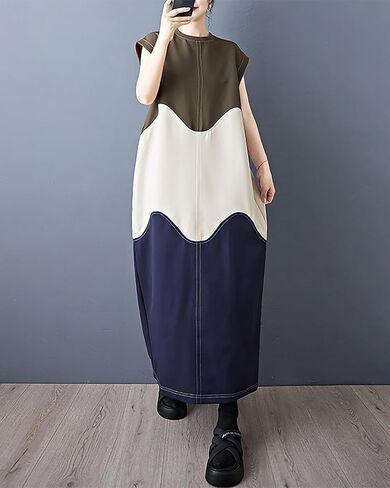 ellazhu Women's Dress Patchwork Color Blocking Sleeveless Crewneck Multicolor Split Hem Plus Size Fashion Casual GZ590 A in Kuwait