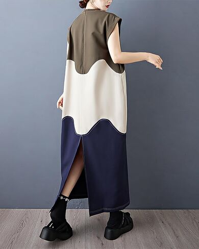 ellazhu Women's Dress Patchwork Color Blocking Sleeveless Crewneck Multicolor Split Hem Plus Size Fashion Casual GZ590 A in Kuwait