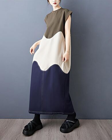 ellazhu Women's Dress Patchwork Color Blocking Sleeveless Crewneck Multicolor Split Hem Plus Size Fashion Casual GZ590 A in Kuwait