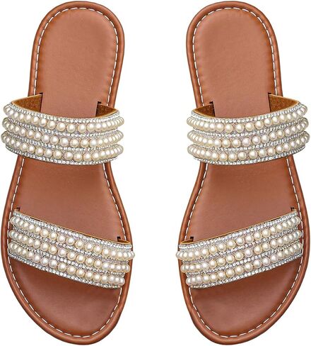 GORGLITTER Women's Pearl Dressy Sandals Sparkly Rhinestone Double Strap Open Toe Slip on Sandals Casual Wedding Slides in Kuwait