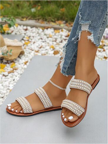 GORGLITTER Women's Pearl Dressy Sandals Sparkly Rhinestone Double Strap Open Toe Slip on Sandals Casual Wedding Slides in Kuwait