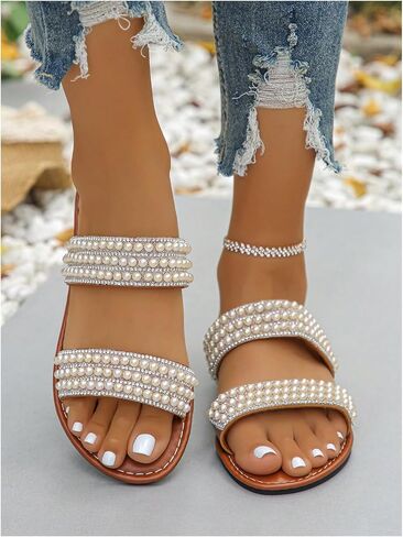 GORGLITTER Women's Pearl Dressy Sandals Sparkly Rhinestone Double Strap Open Toe Slip on Sandals Casual Wedding Slides in Kuwait
