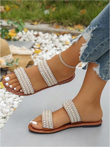 GORGLITTER Women's Pearl Dressy Sandals Sparkly Rhinestone Double Strap Open Toe Slip on Sandals Casual Wedding Slides in Kuwait