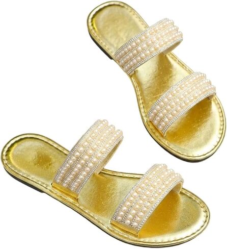 GORGLITTER Women's Pearl Dressy Sandals Sparkly Rhinestone Double Strap Open Toe Slip on Sandals Casual Wedding Slides in Kuwait