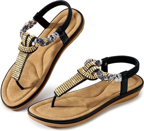 Aomigoct Womens Dressy Flat Sandals: Elegant Rhinestone & Soft PU Leather for Casual Wear - Memory Foam Cushion & Anti-Slip Sole for Confidence All Day Walking - Comfort-Seeking Women in Saudi Arabia