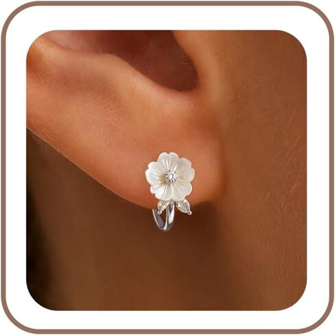 Honsny Gold/Silver Flower Pearl Huggie Hoop Earrings for Women Trendy Hypoallergenic 14K Gold Plated Non Tarnish Hoops Dainty Cute CZ Bridal Bridesmaid Earrings Waterproof Jewelry Birthday Gifts in Saudi Arabia