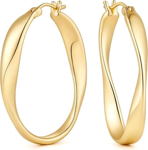 Gold Hoop Earrings for Women 14K Gold Earrings for Women Hoop Earring for Womens Hoops Oval Curve with Twist Design Hoops Earring for Womens 25/30mm in Saudi Arabia