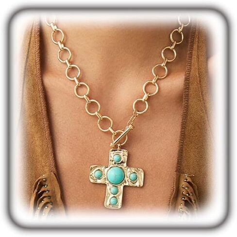FUTIMELY Gold Chunky Turquoise Cross Necklace,Boho Statement Cross Pendant Thick Necklace for Women,Vintage Trendy Western Country Jewelry Accessories in Kuwait