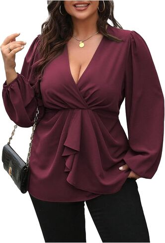 Women's Plus Size Wrap Lantern Sleeve Peplum Blouse Fall Ruffle V Neck Ruched Shirts Business Casual Tops in Kuwait