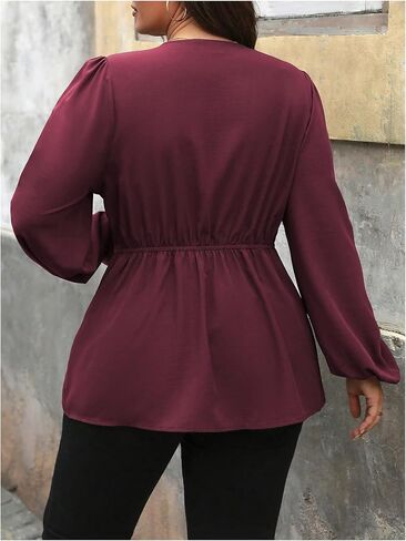 Women's Plus Size Wrap Lantern Sleeve Peplum Blouse Fall Ruffle V Neck Ruched Shirts Business Casual Tops in Kuwait