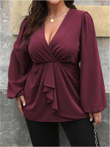 Women's Plus Size Wrap Lantern Sleeve Peplum Blouse Fall Ruffle V Neck Ruched Shirts Business Casual Tops in Kuwait