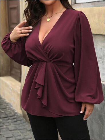 Women's Plus Size Wrap Lantern Sleeve Peplum Blouse Fall Ruffle V Neck Ruched Shirts Business Casual Tops in Kuwait