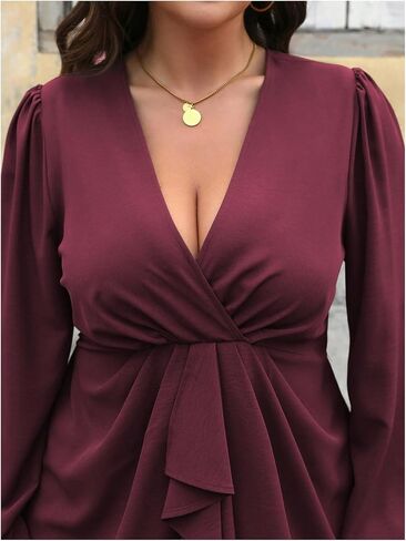 Women's Plus Size Wrap Lantern Sleeve Peplum Blouse Fall Ruffle V Neck Ruched Shirts Business Casual Tops in Kuwait