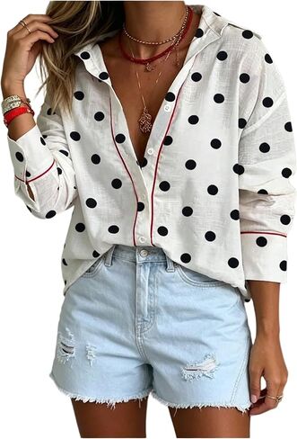 Verdusa Women's Polka Dots Dressy Blouses Long Sleeve Button Down Shirts Collared Tops Spring Outfits in Kuwait