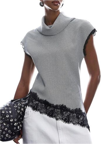 Milumia Women's Lace Tirm Tops Asymmetrical Hem Cap Sleeves Mock Neck Elegant Blouses in Kuwait