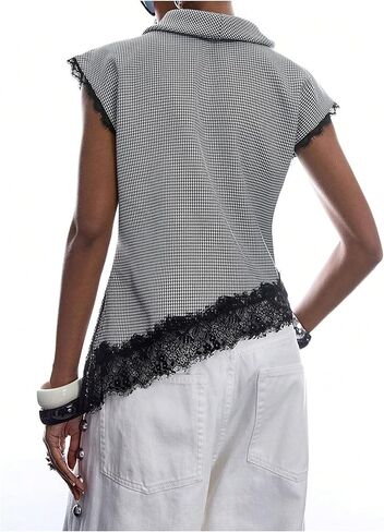 Milumia Women's Lace Tirm Tops Asymmetrical Hem Cap Sleeves Mock Neck Elegant Blouses in Kuwait