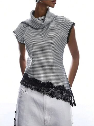 Milumia Women's Lace Tirm Tops Asymmetrical Hem Cap Sleeves Mock Neck Elegant Blouses in Kuwait