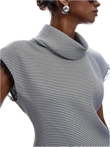 Milumia Women's Lace Tirm Tops Asymmetrical Hem Cap Sleeves Mock Neck Elegant Blouses in Kuwait