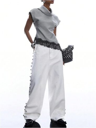 Milumia Women's Lace Tirm Tops Asymmetrical Hem Cap Sleeves Mock Neck Elegant Blouses in Kuwait
