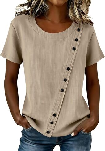 Womens Asymmetrical Button Down Cotton Linen Tops Short Sleeve Casual Crewneck Blouse Vacation Fashion Summer Tees in Saudi Arabia