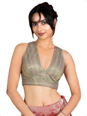FIGURE'S DESIGNER Women's Sequin Embroidered SabyaSachi Cut V Neck Sleeveless Readymade Saree Blouse E24 in Saudi Arabia