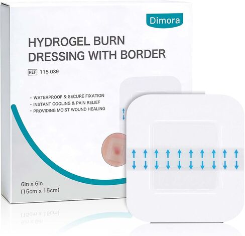 Dimora Hydrogel Burn Pads with Border 6" x 6" (4" x 4" Pad) – Sterile Burn & Wound Dressing with Instant Cooling Relief for Minor Burns, Cuts & Abrasions, Soothing Moist Waterproof Bandages (5 Count) in Saudi Arabia