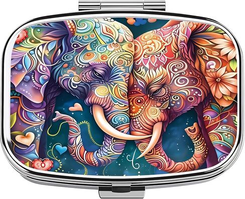Chic Vibrant Intricate Elephants-Compartment Metal Pill Box – Compact and Stylish Medication Organizer, Food-Safe, Portable for Wallet or Pocket, Perfect for Vitamins and Supplements in Kuwait
