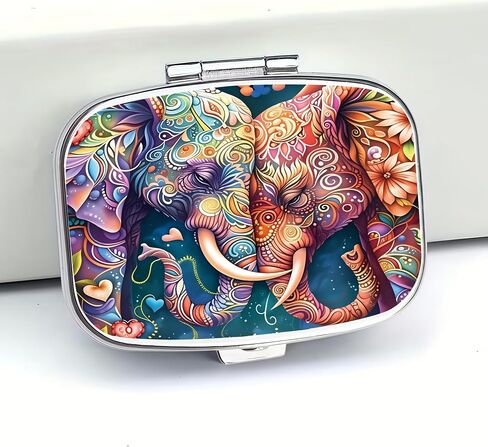Chic Vibrant Intricate Elephants-Compartment Metal Pill Box – Compact and Stylish Medication Organizer, Food-Safe, Portable for Wallet or Pocket, Perfect for Vitamins and Supplements in Kuwait