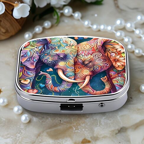 Chic Vibrant Intricate Elephants-Compartment Metal Pill Box – Compact and Stylish Medication Organizer, Food-Safe, Portable for Wallet or Pocket, Perfect for Vitamins and Supplements in Kuwait