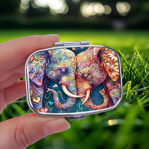 Chic Vibrant Intricate Elephants-Compartment Metal Pill Box – Compact and Stylish Medication Organizer, Food-Safe, Portable for Wallet or Pocket, Perfect for Vitamins and Supplements in Kuwait