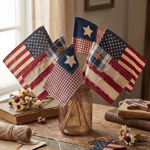 Chumia 6 Pcs 250th Anniversary Patriotic Vintage American Flag Square Decorations 4x6" Fabric Mini Flags on Sticks for 4th of July Home Decor Independence Day Patriotic Party Supplies in Kuwait