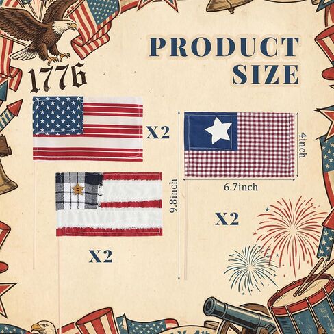 Chumia 6 Pcs 250th Anniversary Patriotic Vintage American Flag Square Decorations 4x6" Fabric Mini Flags on Sticks for 4th of July Home Decor Independence Day Patriotic Party Supplies in Kuwait
