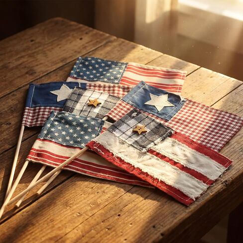Chumia 6 Pcs 250th Anniversary Patriotic Vintage American Flag Square Decorations 4x6" Fabric Mini Flags on Sticks for 4th of July Home Decor Independence Day Patriotic Party Supplies in Kuwait