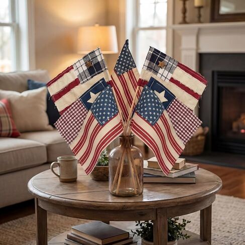 Chumia 6 Pcs 250th Anniversary Patriotic Vintage American Flag Square Decorations 4x6" Fabric Mini Flags on Sticks for 4th of July Home Decor Independence Day Patriotic Party Supplies in Kuwait